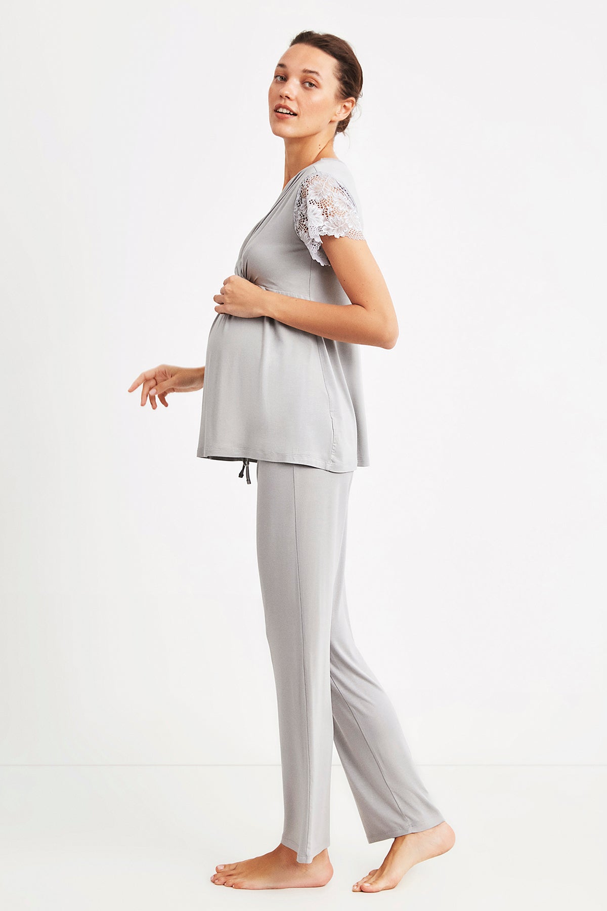 CATHERINES yumuşak dokulu hamile pijama takımı gri renkli, rahat ve şık hamile giyim seti, iç göstermez, konfor sağlar