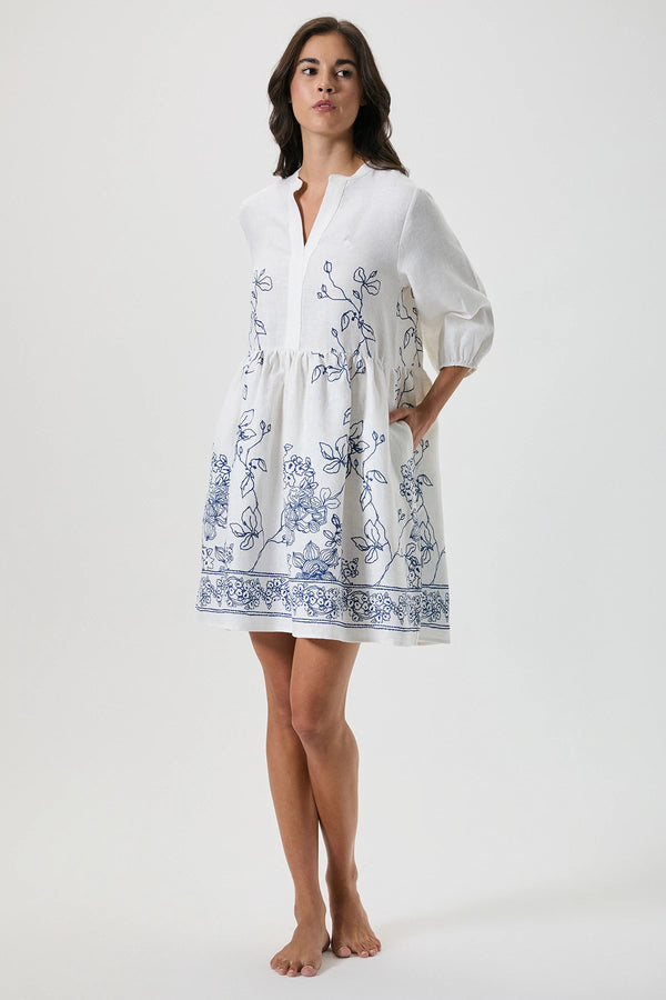 %100 keten cepli kısa elbise